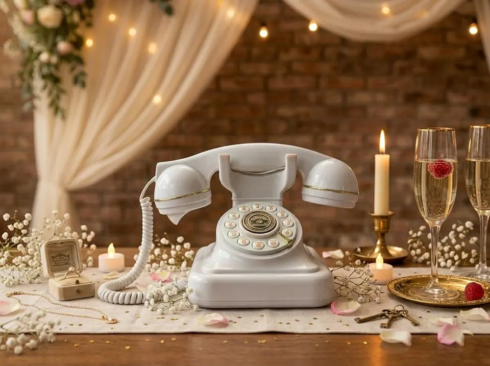 Weißes Vintage-Telefon als Audio-Gästebuch auf einem festlich gedeckten Tisch